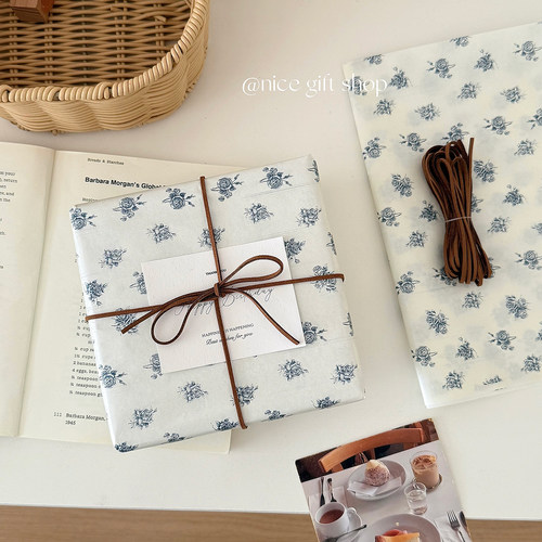 蓝色玫瑰珠光雪梨纸~ins法式复古礼物包装纸闪光大尺寸礼品纸diy