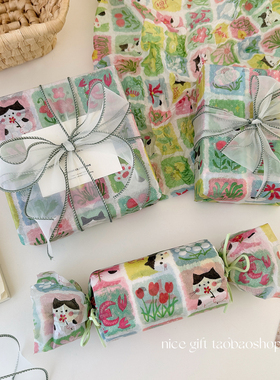 ins小清新绿色涂鸦格子猫咪雪梨纸可爱节日礼物包装纸打包装饰纸