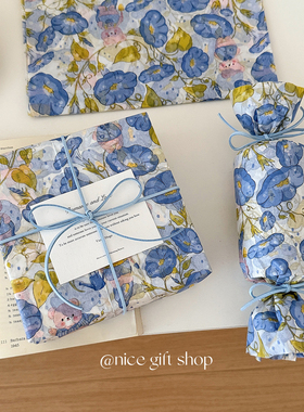 蓝色系可爱小熊喇叭花雪梨纸~节日礼物包装纸文创出卡打包内衬纸