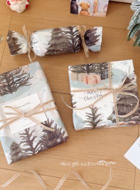 ins风韩系圣诞节礼物包装纸绿色雪松树雪梨纸节日礼品纸餐具打包