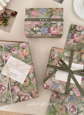 绿色油画玫瑰包装纸~浪漫礼物包装牛皮纸鲜花装饰纸氛围感打包纸