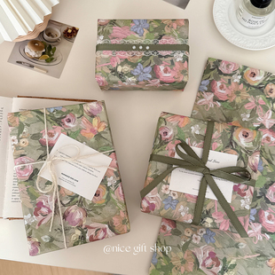 牛皮纸鲜花装 浪漫礼物包装 饰纸氛围感打包纸 纸 绿色油画玫瑰包装