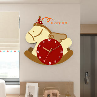 新款木马摇摆钟表客厅挂钟创意挂墙时钟免打孔家用简约挂表万年历