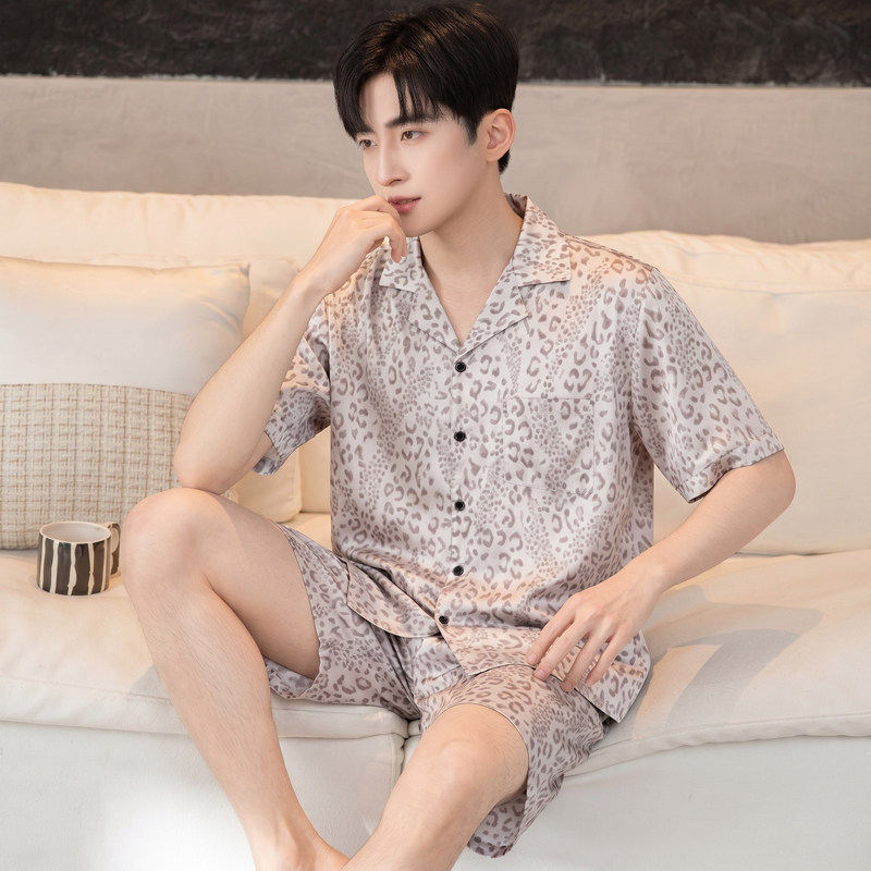 夏季睡衣男士夏天冰丝薄款2026年新款豹纹短袖短裤丝绸大码家居服