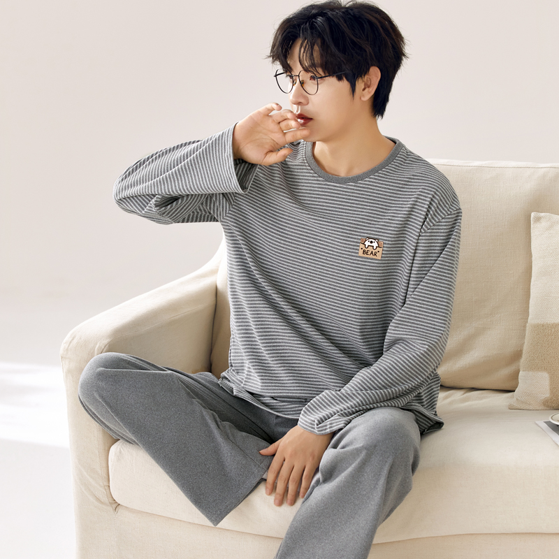 睡衣男秋冬德绒薄绒家居服套装