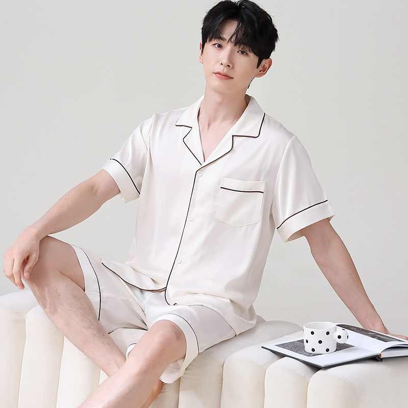 夏季短袖睡衣男夏天冰丝凉感香槟纯色简约青年宽松大码家居服套装