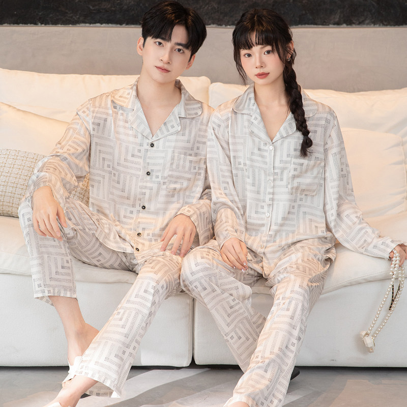 情侣睡衣女春夏季冰丝薄款长袖长裤休闲男士高级感夏季家居服套装