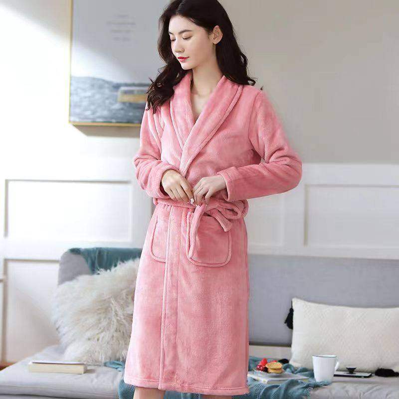 珊瑚绒睡袍女秋冬季加绒加厚法兰绒简约过膝中长款高档浴袍家居服