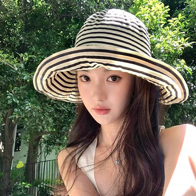 韩系黑色条纹防晒渔夫帽女夏大可