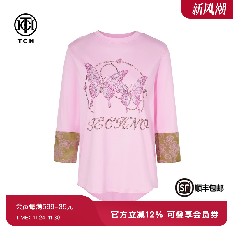 时尚休闲蝴蝶结粉色长袖T恤