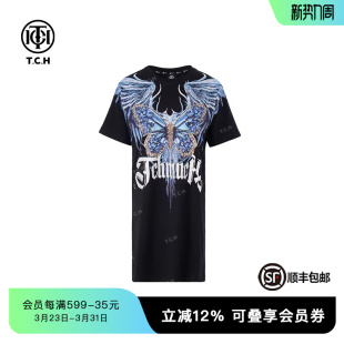 TCH潮牌春秋新款 重工烫钻黑色连衣裙女T72B30E6038 气质时尚