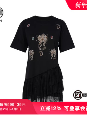 TCH私服烫钻设计感网纱拼接时髦洋气宽松短袖T恤女夏T75C10B1012