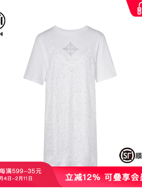 TCH夏季新款满天星烫钻时尚白色蕾丝拼接连衣裙女T75B30E1007