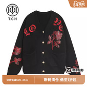 TCH潮牌玫瑰花烫钻黑色针织开衫 春秋新款 外套男女T21109C3005