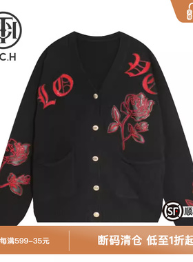 TCH潮牌玫瑰花烫钻黑色针织开衫春秋新款外套男女T21109C3005