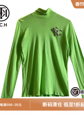TCH新款轻奢潮牌烫钻绿色打底衫男女长袖休闲百搭T21408C2003