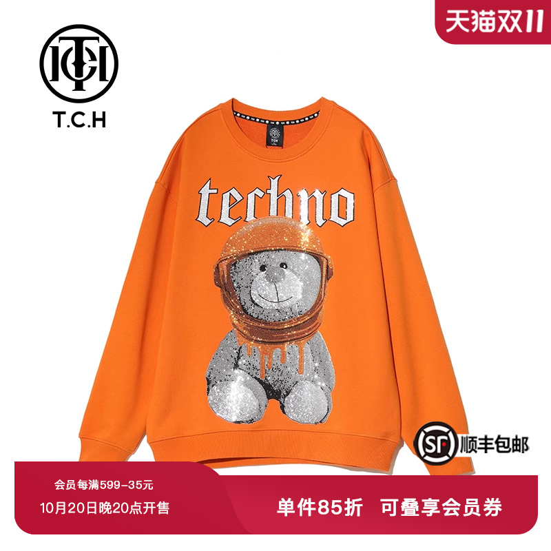 TCH潮太空熊烫钻橙色圆领卫衣男女同款T21311C6015
