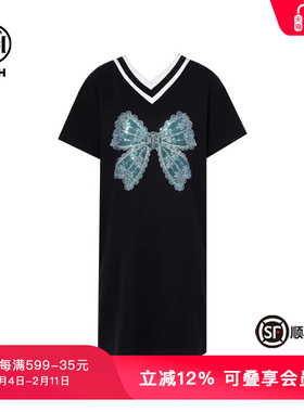 TCH轻奢时尚潮牌烫钻宽松显瘦V领蝴蝶结黑色连衣裙女T75A30E1025