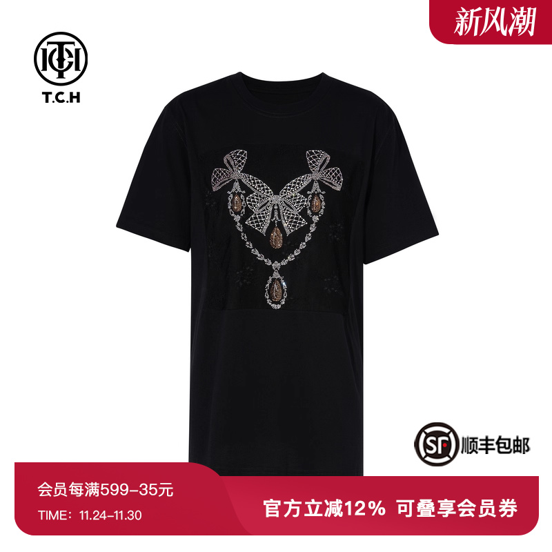 休闲蝴蝶结黑色短袖T恤