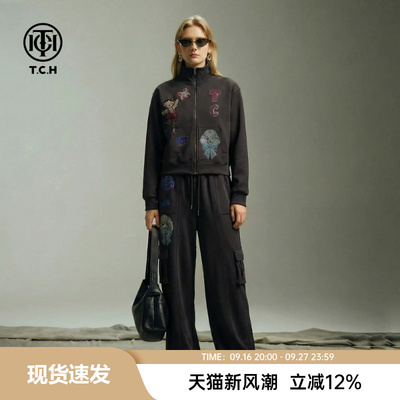 TCH烫钻卡通萌犬女孩立领拉链外套休闲工装裤套装女T78A07E1148