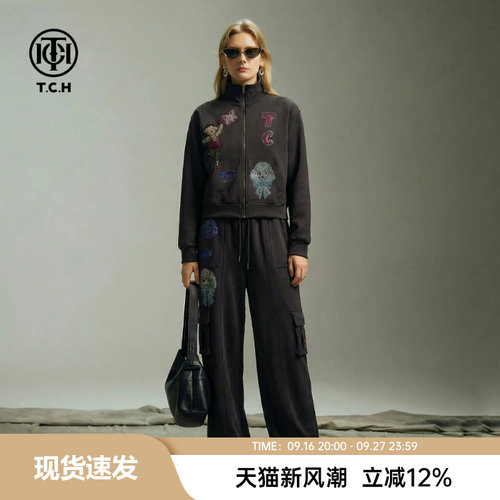 TCH烫钻卡通萌犬女孩立领拉链外套休闲工装裤套装女T78A07E1148