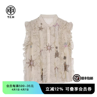 TCH私服烫钻时髦气质波点百搭荷叶边无袖 上衣女T75B13E5056 衬衫