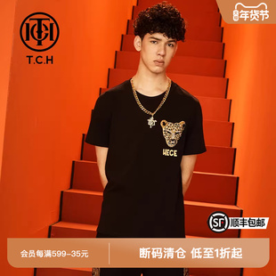 TCH潮牌轻奢潮牌短袖T恤烫钻豹子头黑色百搭商场同款T66C106092