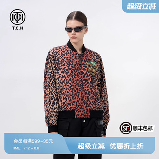 TCH潮牌2025豹紋酷帥小熊字母刺繡燙鉆飛行服外套T69C16E6002