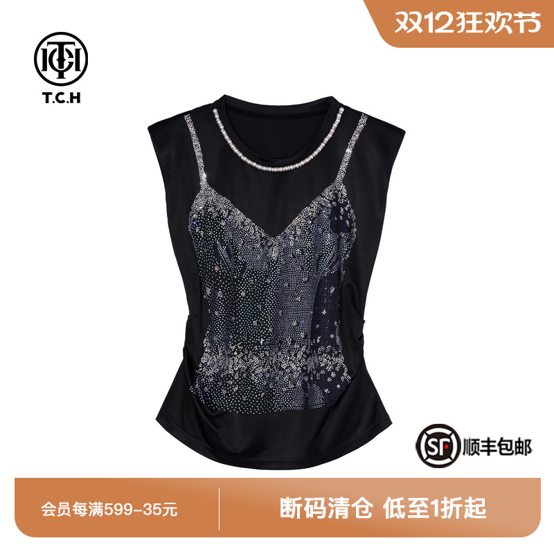 烫钻修身显瘦时尚无袖T恤