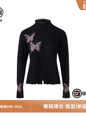 TCH私服黑色彩钻蝴蝶蕾丝打底套头针织衫秋冬新款T72C09E5160