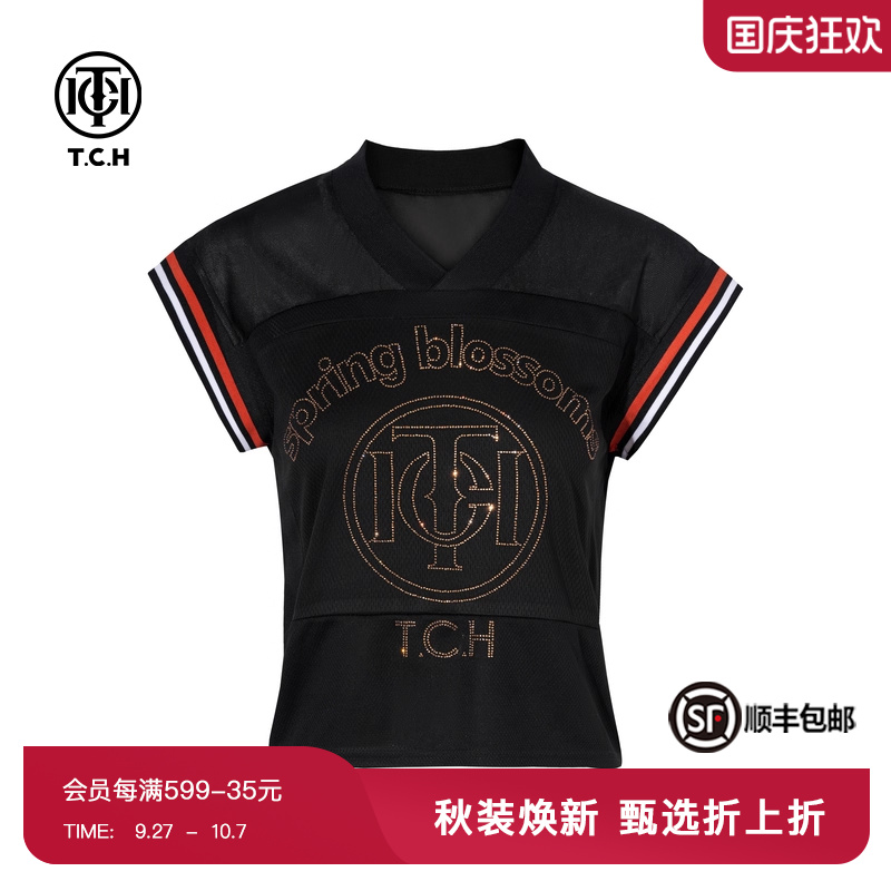 TCH烫钻时尚小众V领洋气短袖T恤女25夏季新款透气舒适T75B10B1069