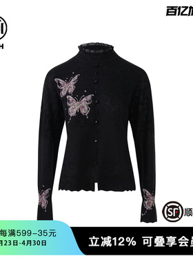 TCH私服黑色彩钻蝴蝶蕾丝打底套头针织衫秋冬新款T72C09E5160