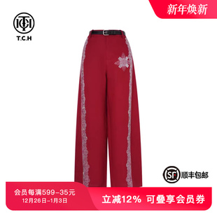 T75B20E5090 女夏季 TCH私服烫钻时尚 阔腿高腰显瘦亚麻慵懒休闲长裤