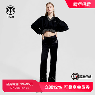 TCH潮牌高定手缝烫钻春秋黑色短款 卫衣T69C11E6003