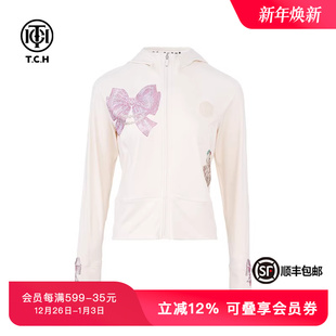 T75A17E5001 外套春秋新款 TCH私服粉色蝴蝶结烫钻连帽修身 拉链衫