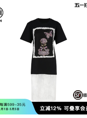 TCH私服烫钻蕾丝拼接洋气百搭宽松T恤连衣裙女夏季T75B30B1001