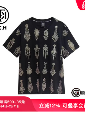 TCH潮牌烫钻华丽耳钉满钻黑色T恤夏新款时尚潮流T72B10E6058