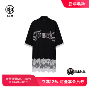 宽松T75A10E1019 T恤女夏新款 TCH时尚 小众烫钻蕾丝边休闲短袖