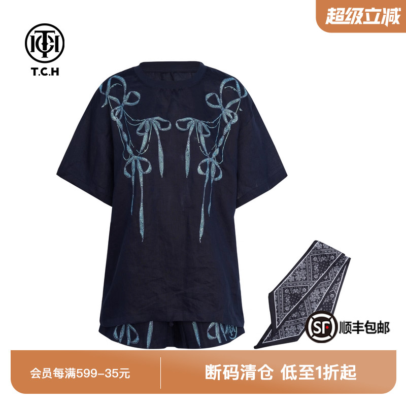 TCH私服轻奢烫钻亚麻时尚休闲气质圆领上衣短裤套装女T75B07E5018