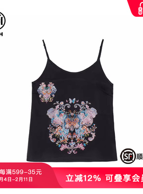 TCH潮牌新中式时尚烫钻中国风黑色蝴蝶吊带背心T72A14E9005
