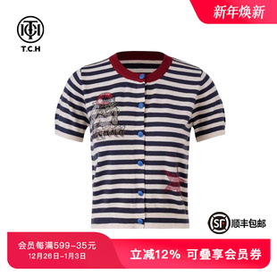 春夏新款 针织开衫 T75A43E5043 潮流时尚 TCH私服烫钻条纹短袖