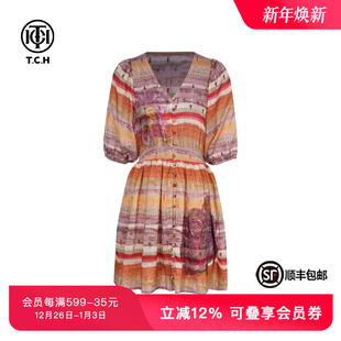 TCH私服烫钻海边度假风打揽收腰显瘦V领印花连衣裙女T75B30E1143