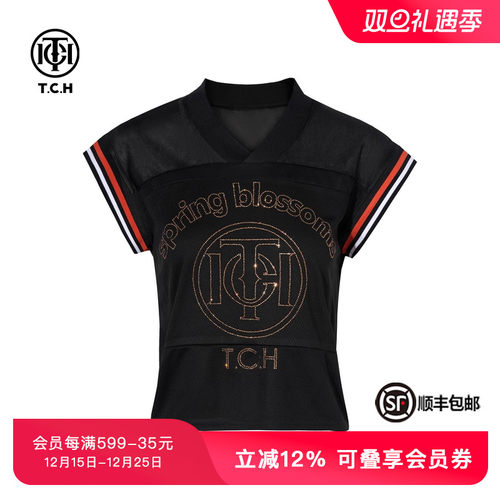 TCH烫钻时尚小众V领洋气短袖T恤女夏季新款透气舒适T75B10B1069