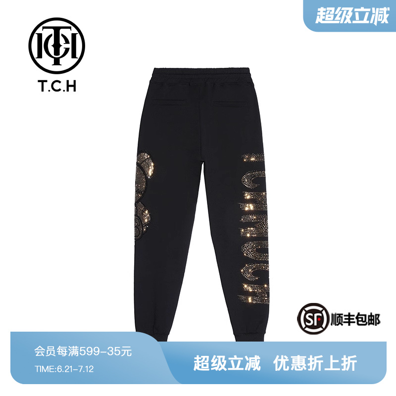 直播-TCH潮牌忧郁熊字母烫钻黑色长裤男女同款T21120C6033