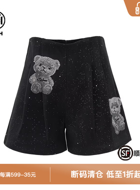 TCH私服可爱小熊烫钻高腰直筒黑色百搭短裤秋冬新款T72C21E5022