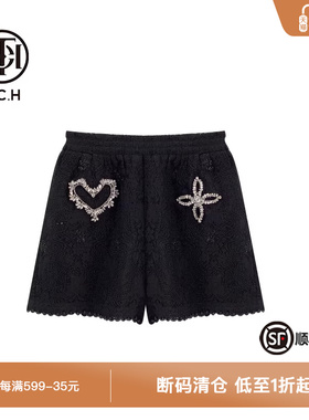 TCH新中式系列流烫钻时尚休闲四叶草黑色短裤T72B21E9020