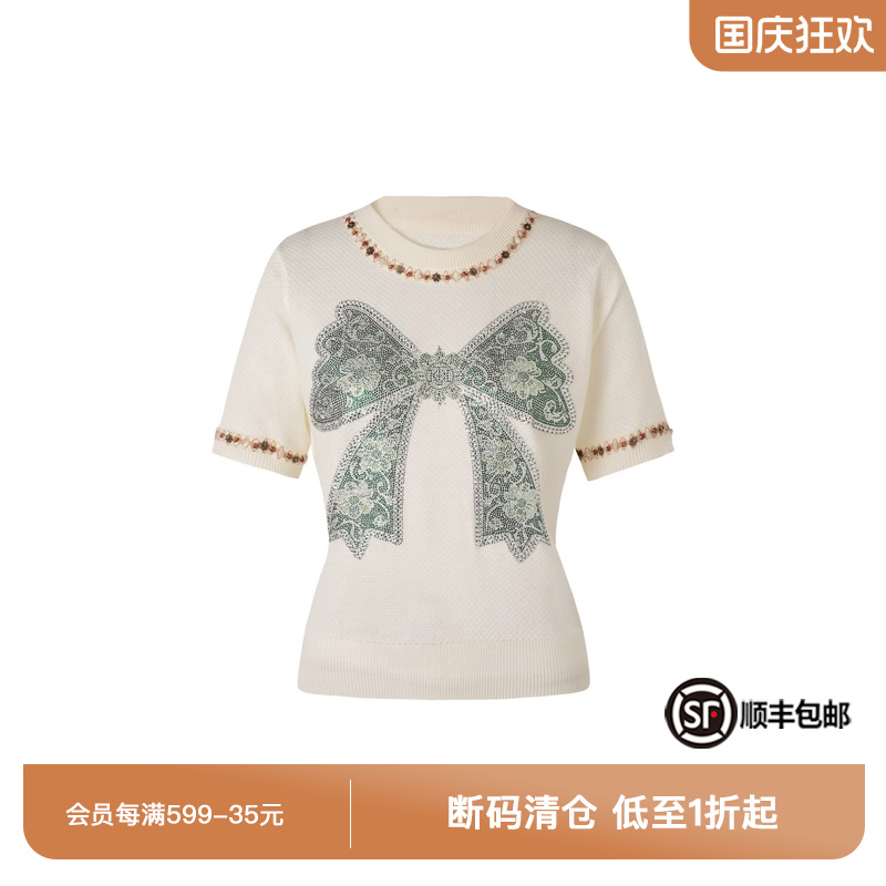 烫钻时尚蝴蝶结圆领针织T恤