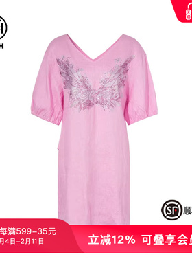 TCH私服烫钻V领宽松休闲百搭亚麻连衣裙女25夏季新款T75B30E1072