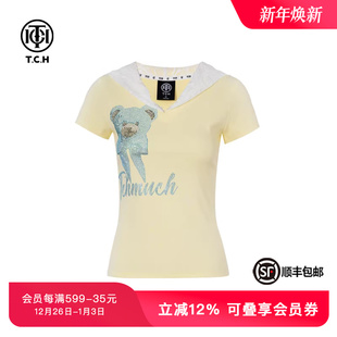 新款 T恤女夏季 T75B10E5002 百搭休闲蕾丝短袖 TCH私服烫钻时尚
