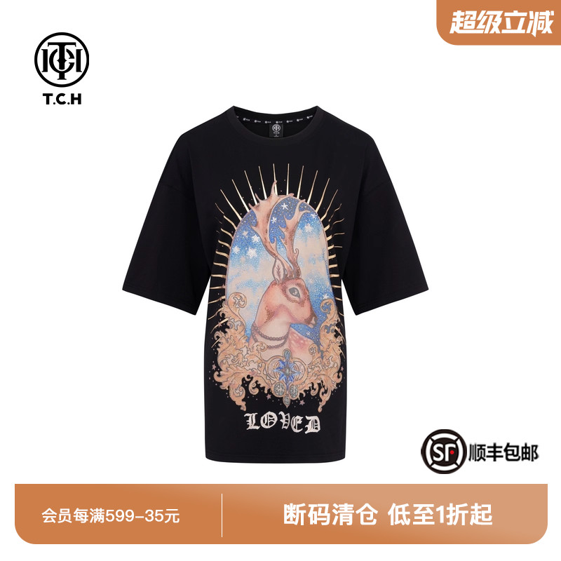 TCH轻奢烫钻工艺字母洋气梅花鹿钻休闲T恤T72C10E6001私服tch